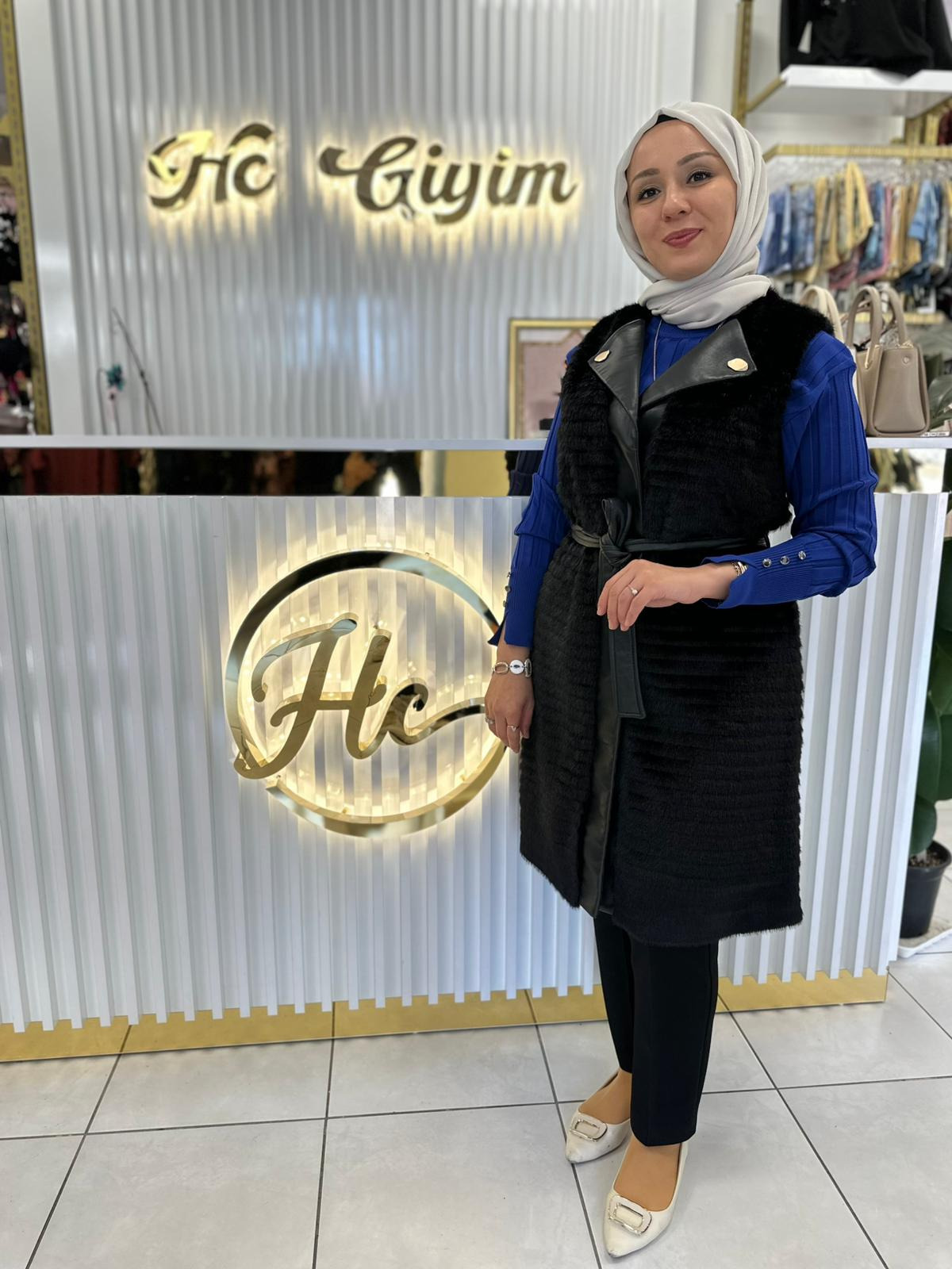 SİYAH DESENLİ V YAKA DETAYLI PREMIUM UZUN ANGORA YELEK