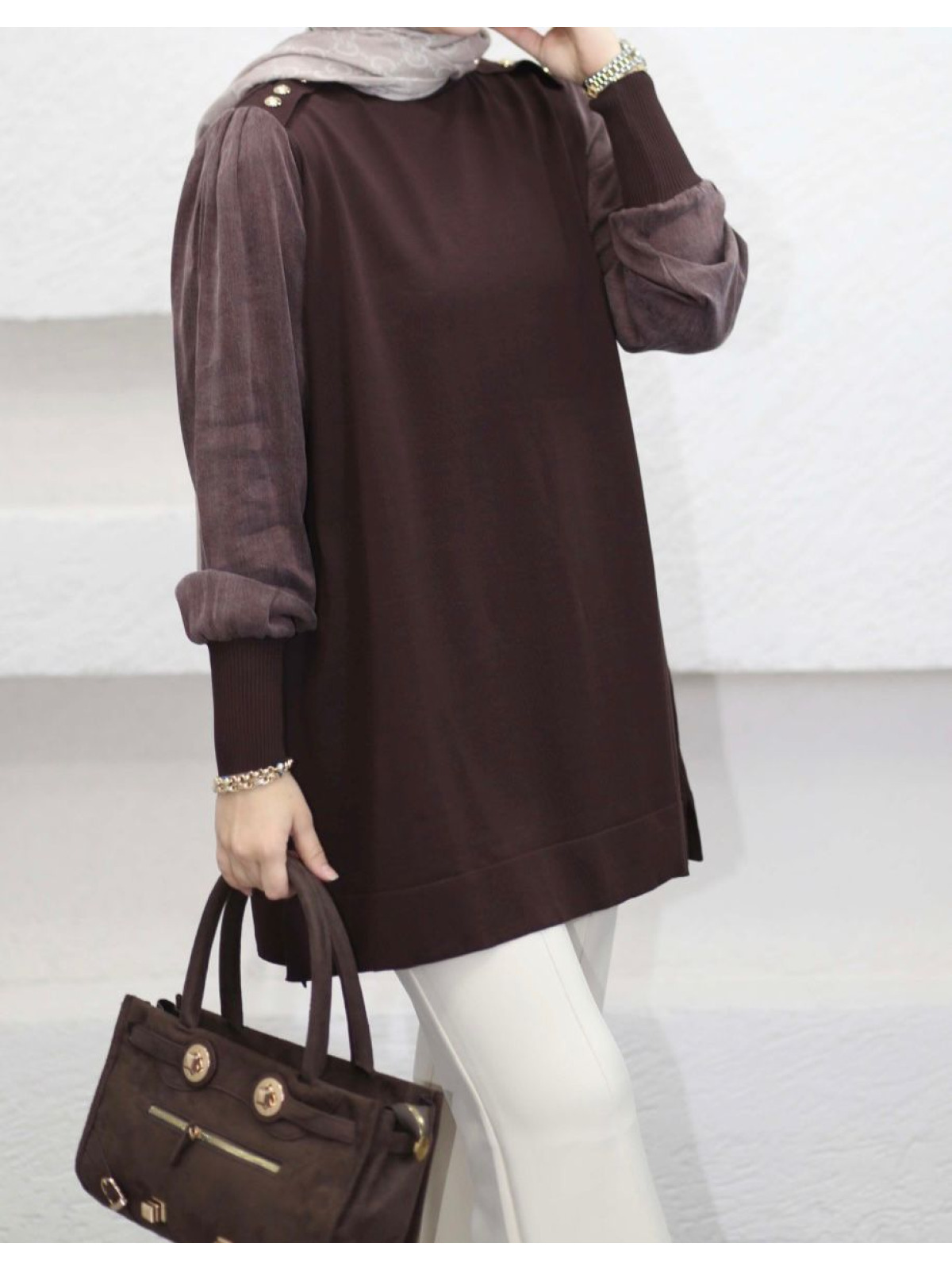 KAHVERENGİ KOL İPEK CUPRA DETAYLI MERSERİZE TUNİK