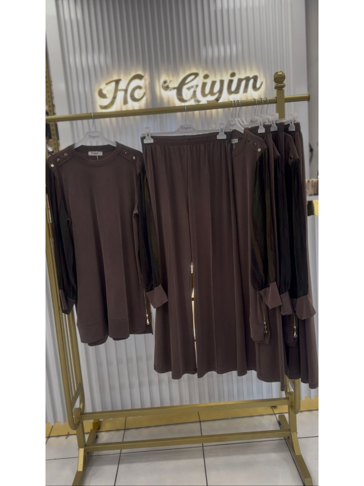 KAHVERENGİ KOL İPEK CUPRA DETAYLI TAKIM