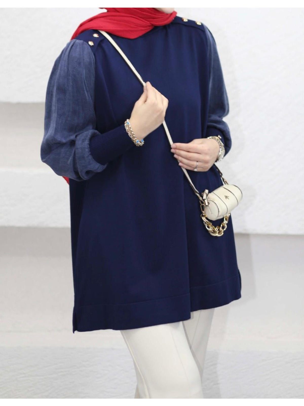 LACİVERT KOL İPEK CUPRA DETAYLI MERSERİZE TUNİK